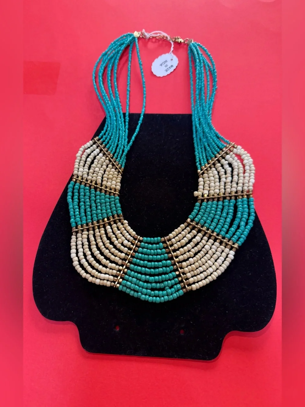Turquoise and Cream Beaded Multi-Strand Statement Necklace& beautiful earrings